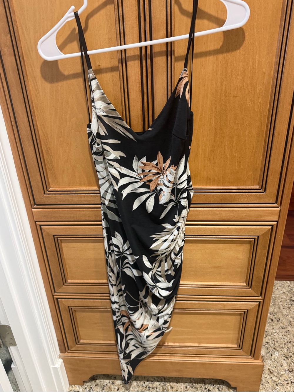 Windsor Black Slip Midi Dress with Cream and Tan Leaf Print